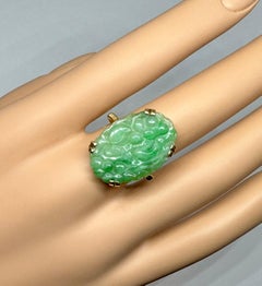 Art Deco Chinese Jade Ring 14 Karat Gold Carved Flower Motif