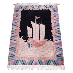 Art Deco Chinese Nichols Pictorial Oriental Wool Rug with Junket Ship, c1930