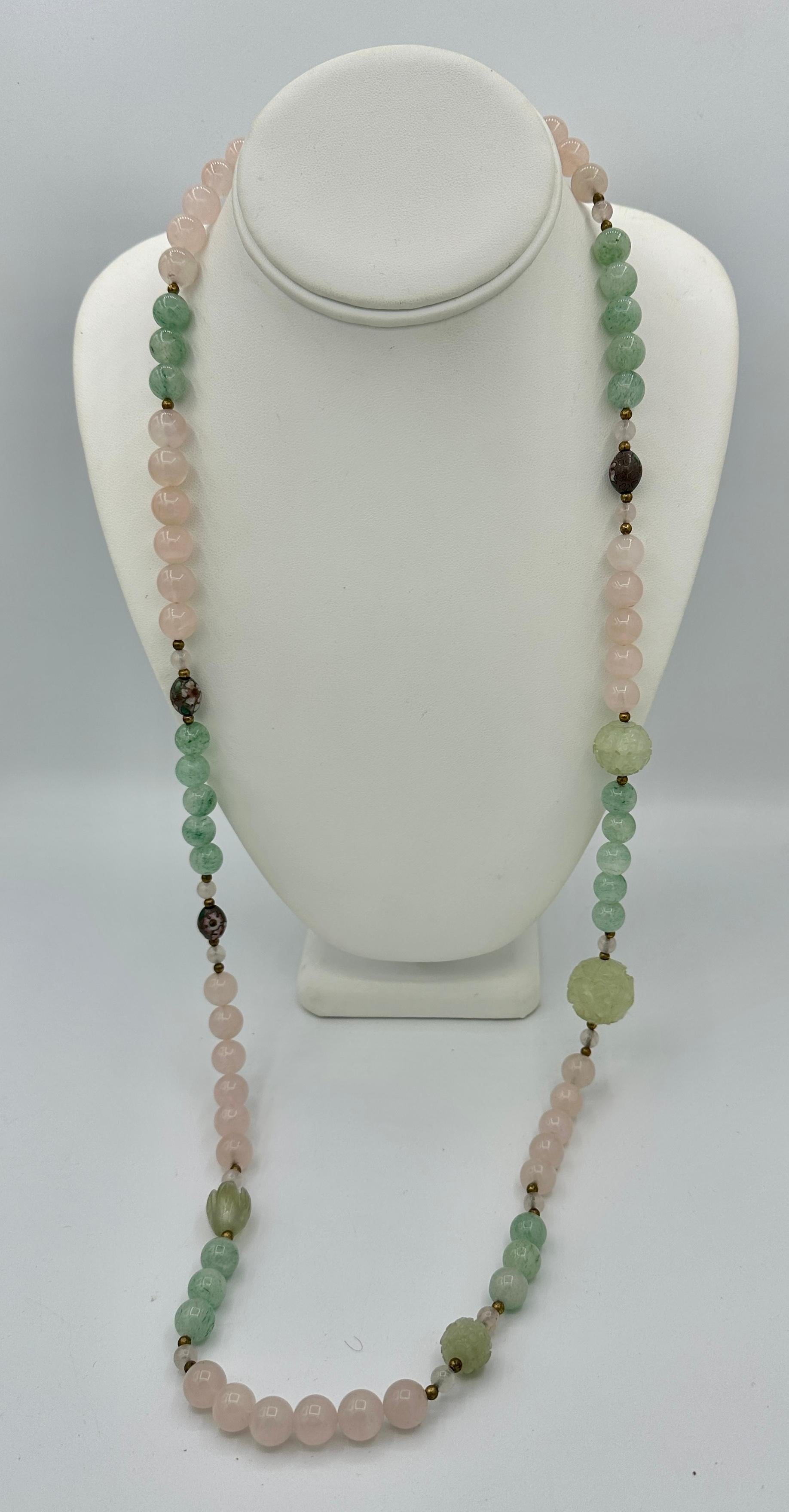 Perlina Collana Art Deco cinese di rose e quarzo verde da 36