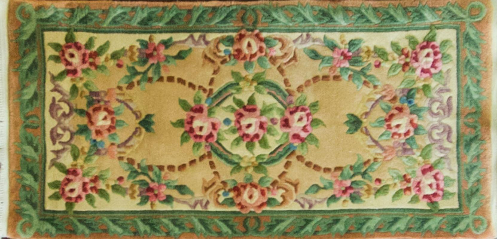This wonderful Art Deco carpet was made in China, circa 1900s or 1940s. Walter Nichols was great American rug producer (the Art Deco rugs which he did not originate them) in Tientsin. The rugs made of wool and silk with bold vibrant colors and the