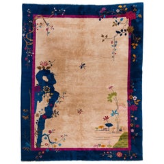 Art Deco Chinese Rug Cream and Navy and Traditional Pictorial Motifs Jewel Tones
