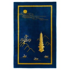 Alfombra china Art Decó, anudada a mano, 2,7 x 1,5 m - Azul oscuro y dorado