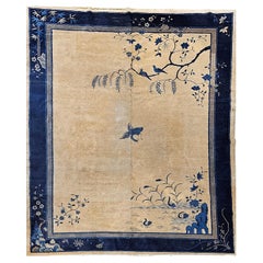 Art Deco Chinese Rug, Handwoven Wool on Cotton, Crane & Pagoda Design, 9' x 12'
