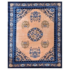 Art Deco Chinese Rug, Handwoven Wool Pile, Apricot & Navy, Lotus Motif, 8' x 11'