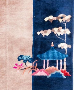 Art Deco Chinese Rug with Cream and Navy and Traditional Pictorial Motifs