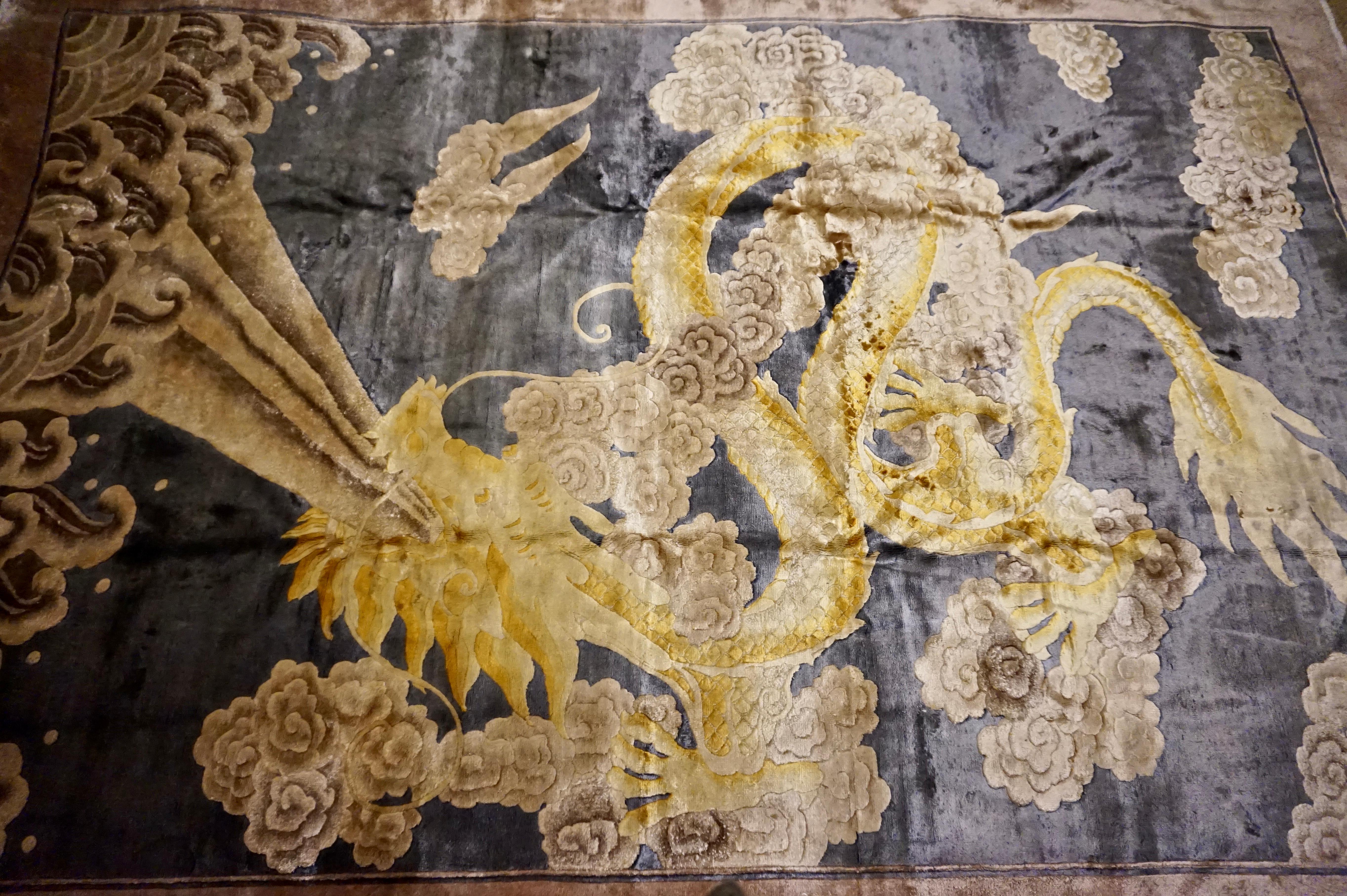 Art Deco Chinese Silk Fire Breathing Dragon Hand Knotted Rug 3