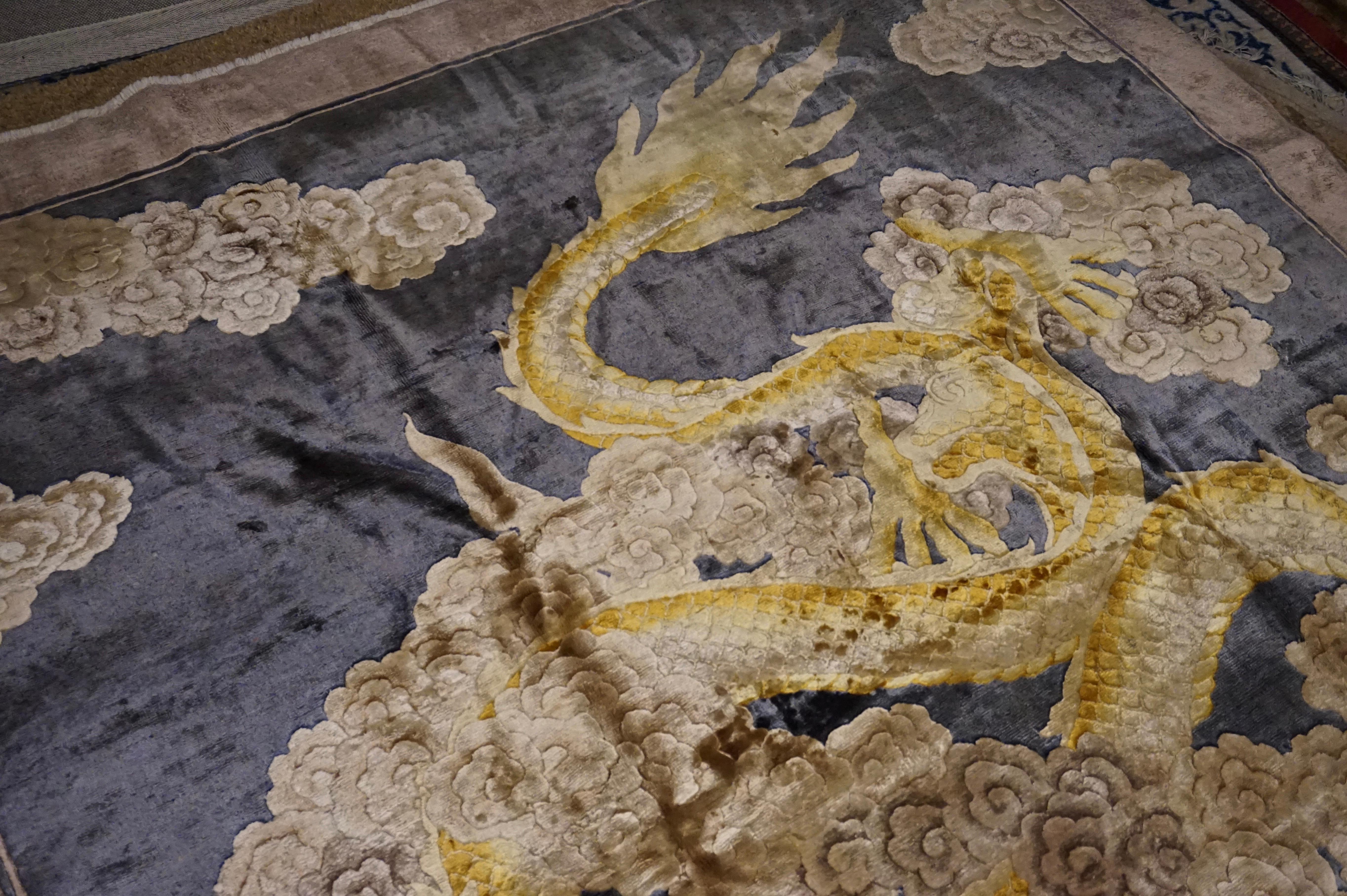 Art Deco Chinese Silk Fire Breathing Dragon Hand Knotted Rug In Good Condition In Vancouver, British Columbia