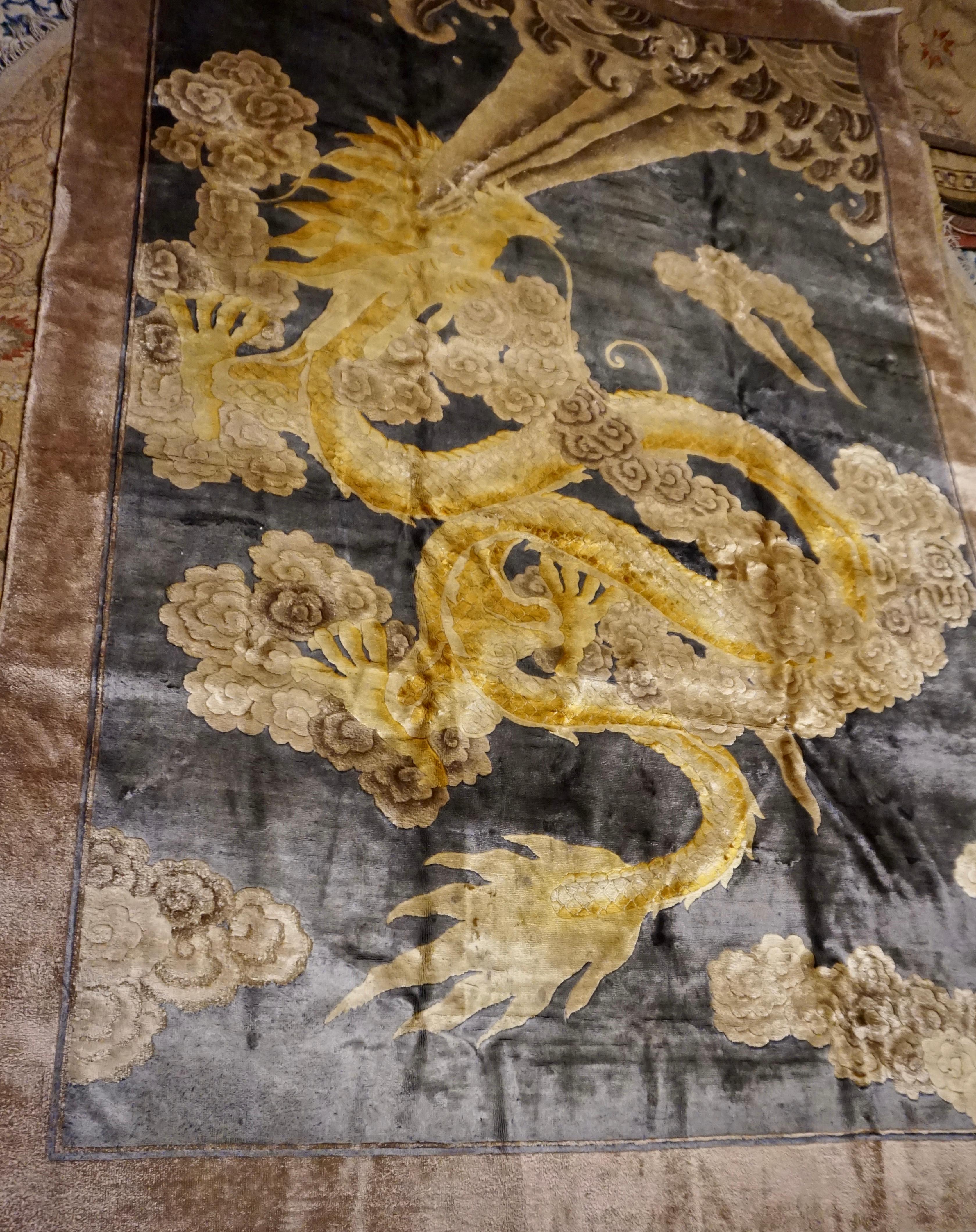 Art Deco Chinese Silk Fire Breathing Dragon Hand Knotted Rug 1