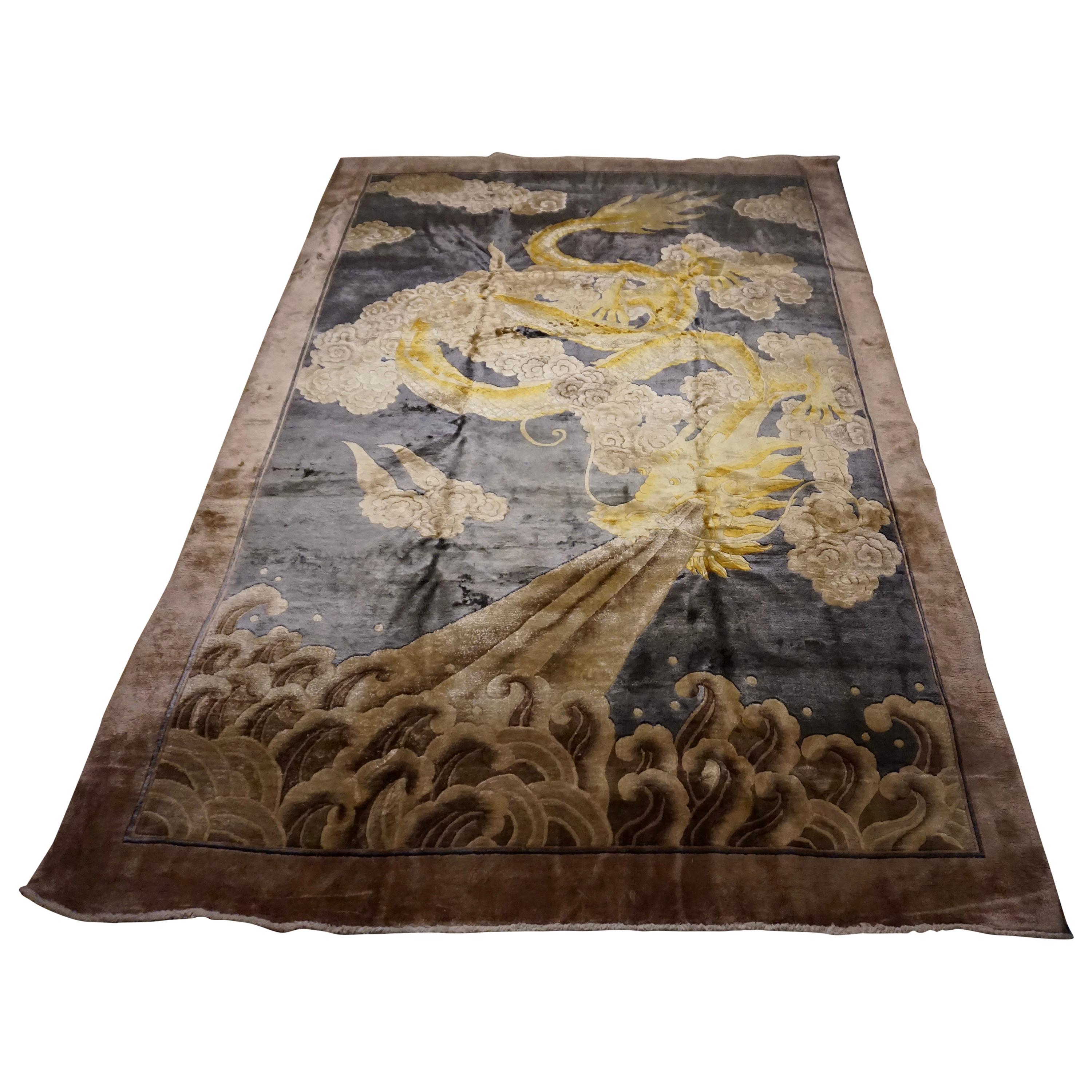 Art Deco Chinese Silk Fire Breathing Dragon Hand Knotted Rug