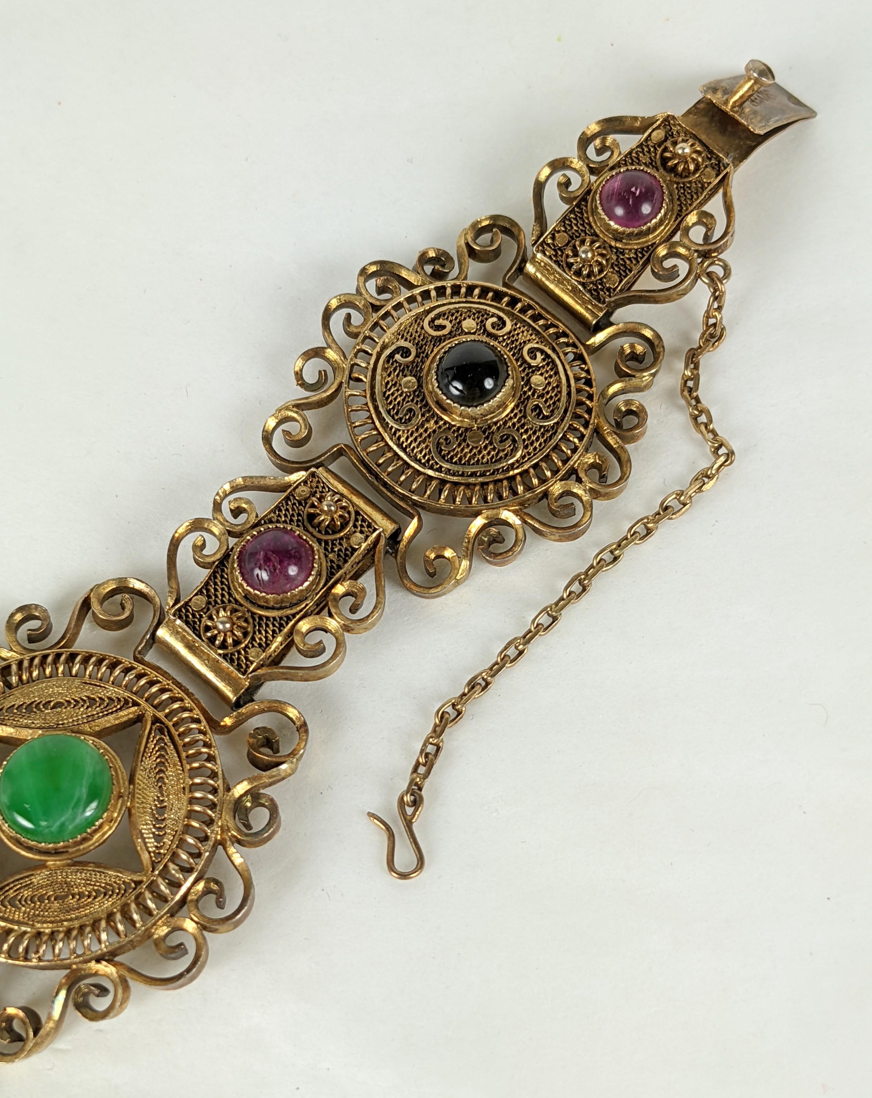 Cabochon Art Deco Chinese Silver Vermeil Bracelet with Gemstones For Sale
