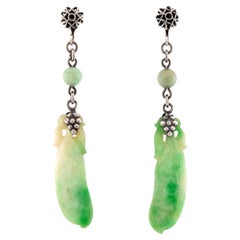 Antique Art Deco Chinese Sterling Silver Carved Jade Earrings