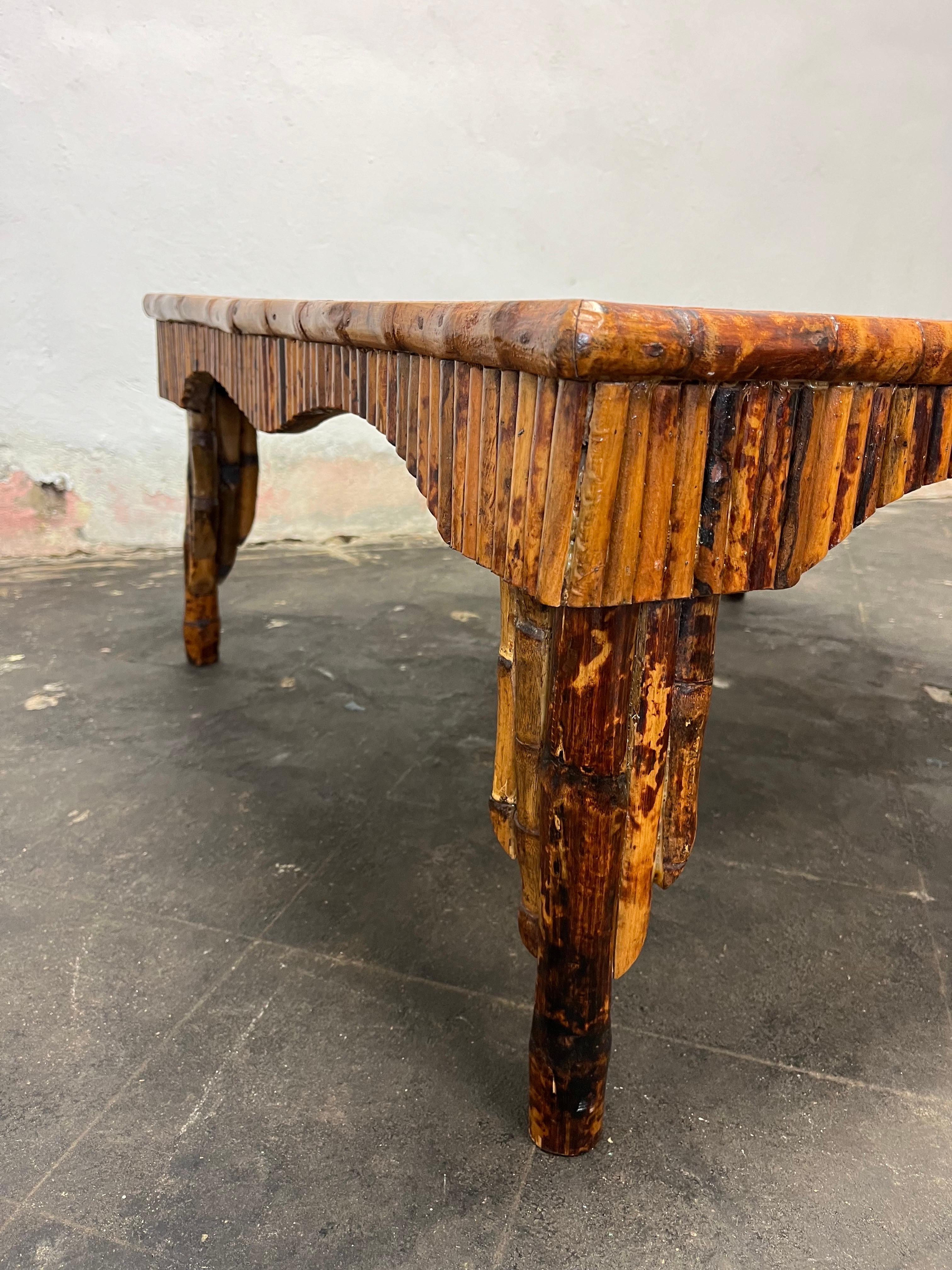 Art deco bamboo table with finely inlaid herringbone top in chinoiserie style.  Nicely detailed waterfall sides and tapered legs.
Curbside to NYC/Philly $350