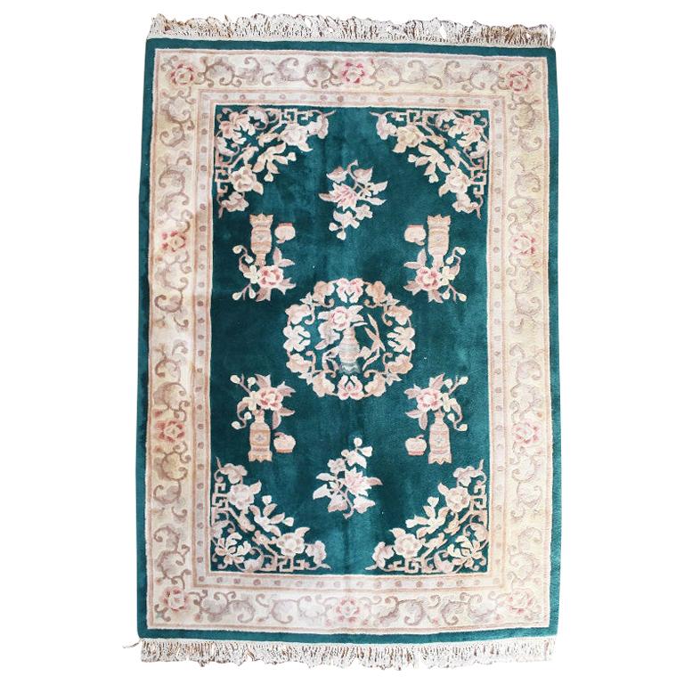 Art Deco Chinoiserie Chinese Rug in Emerald Green and Pink att Nichols, 1930s