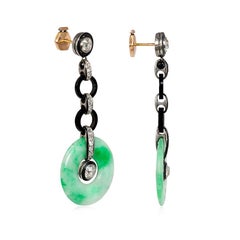 Art Deco Chinoiserie Diamond, Onyx, and Jade Disc Pendant Earrings, in Platinum