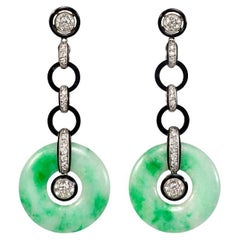 Art Deco Chinoiserie Diamond, Onyx, and Jade Disc Pendant Earrings, in Platinum