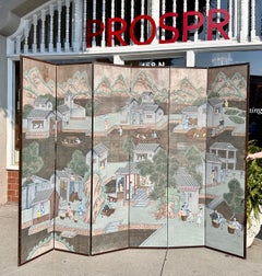 Art Deco Chinoiserie Hand Painted 6 Panel Floor Screen Room Divider