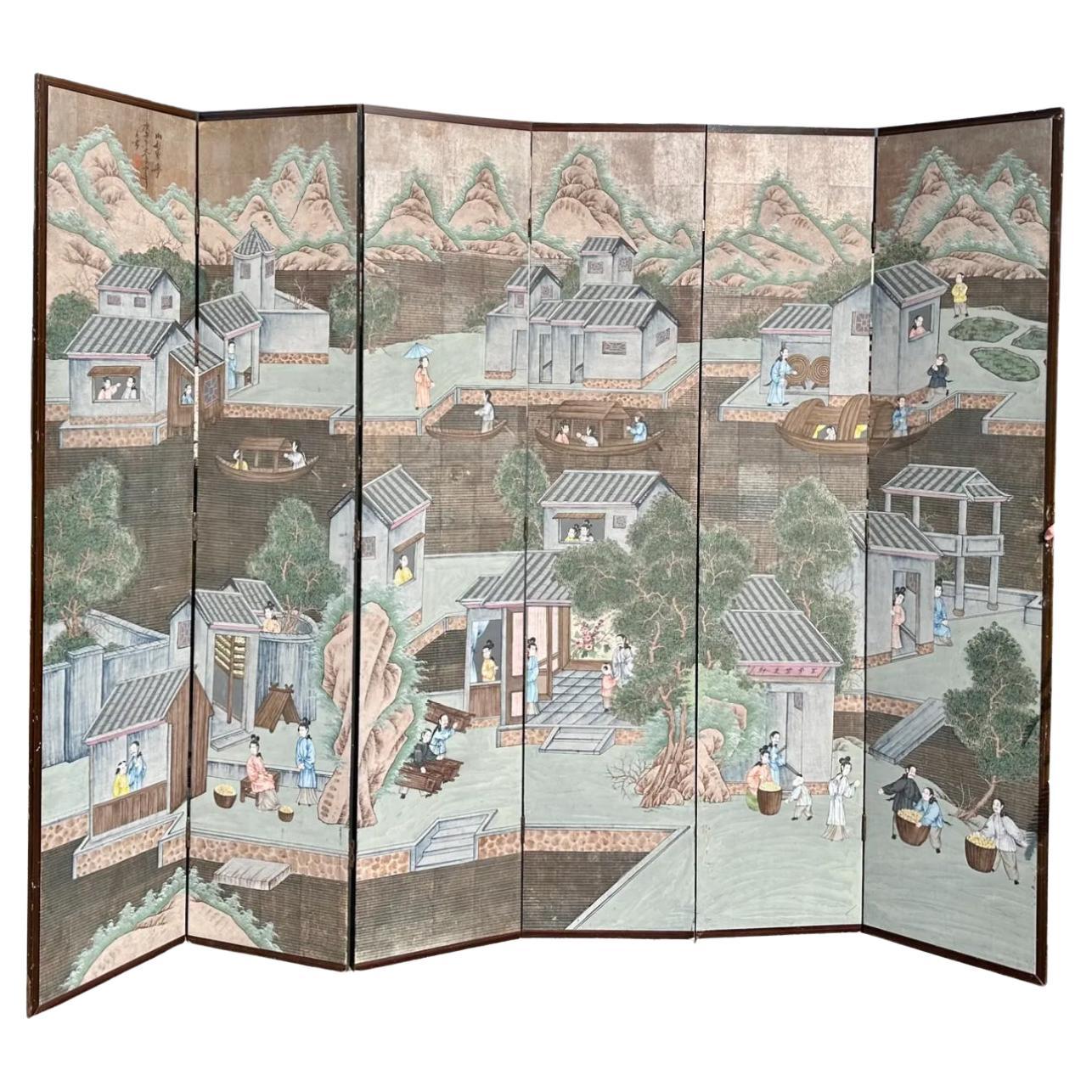 Art Deco Chinoiserie Hand Painted 6 Panel Floor Screen Room Divider For Sale