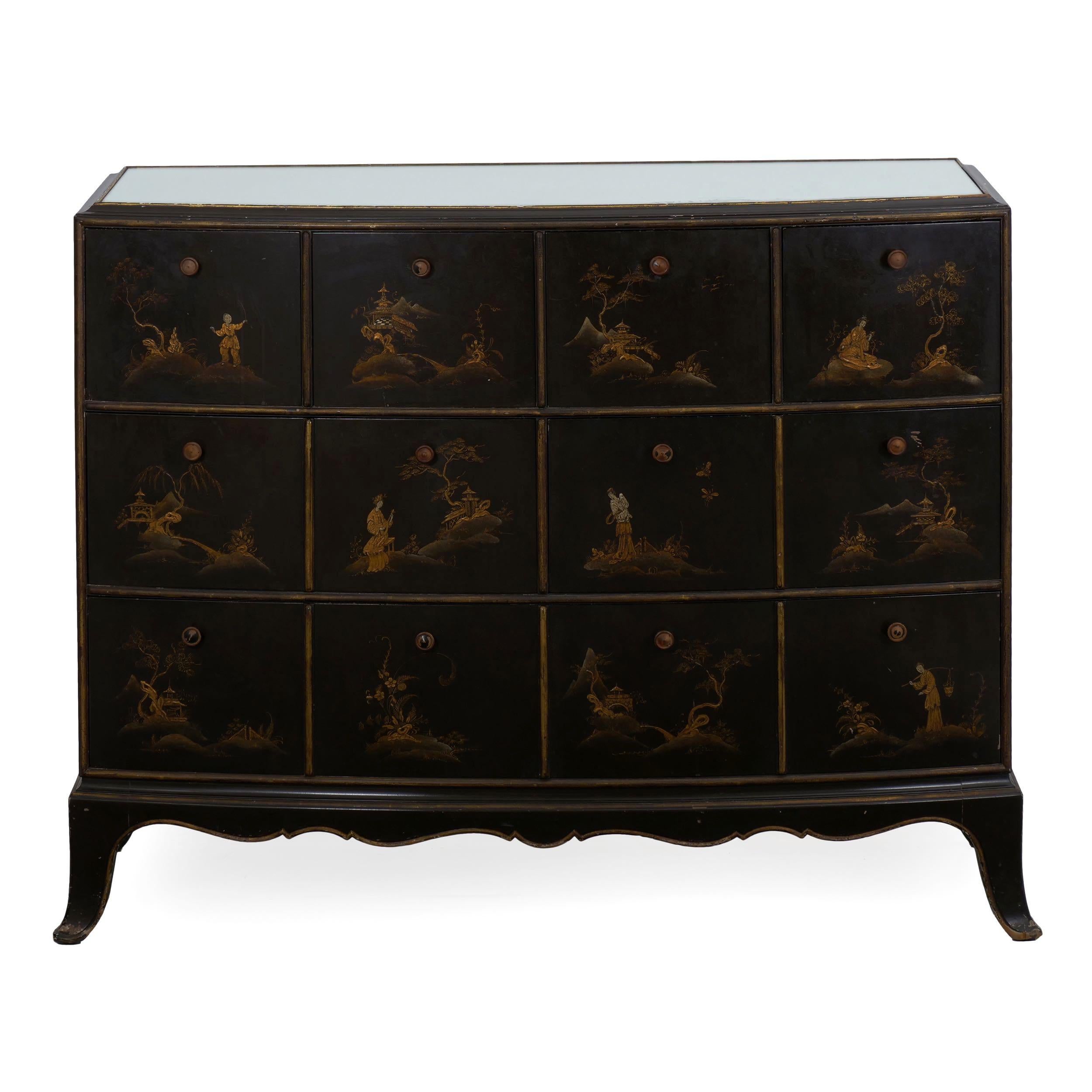 Something of a show-stopper, this gorgeous chest of drawers is of remarkable quality with fantastic aesthetics. It is typical of the 1940s with its exploration of prior periods while introducing modern elements to set it apart, in this case