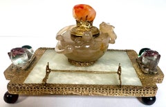 Art Deco Chinoiserie Ormolu Carved Hardstone- Quartz Inkwell by Edward Farmer