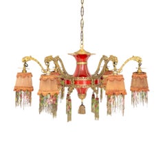 Art Deco Chinoiserie Six-Branch Chandelier with Red Shades