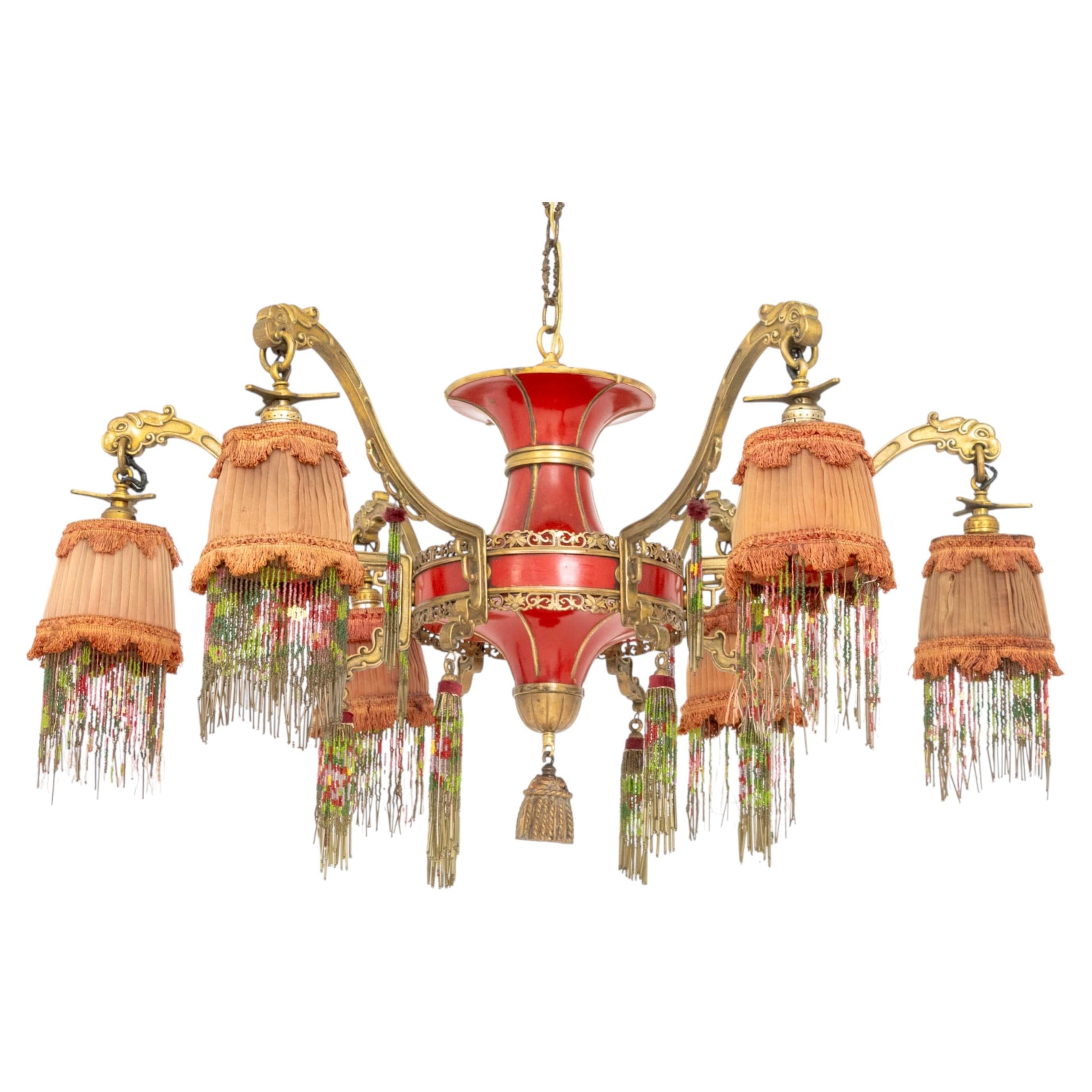 Art Deco Chinoiserie Six-Branch Chandelier with Red Shades