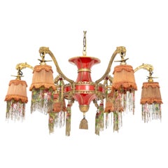 Art Deco Chinoiserie Six-Branch Chandelier with Red Shades