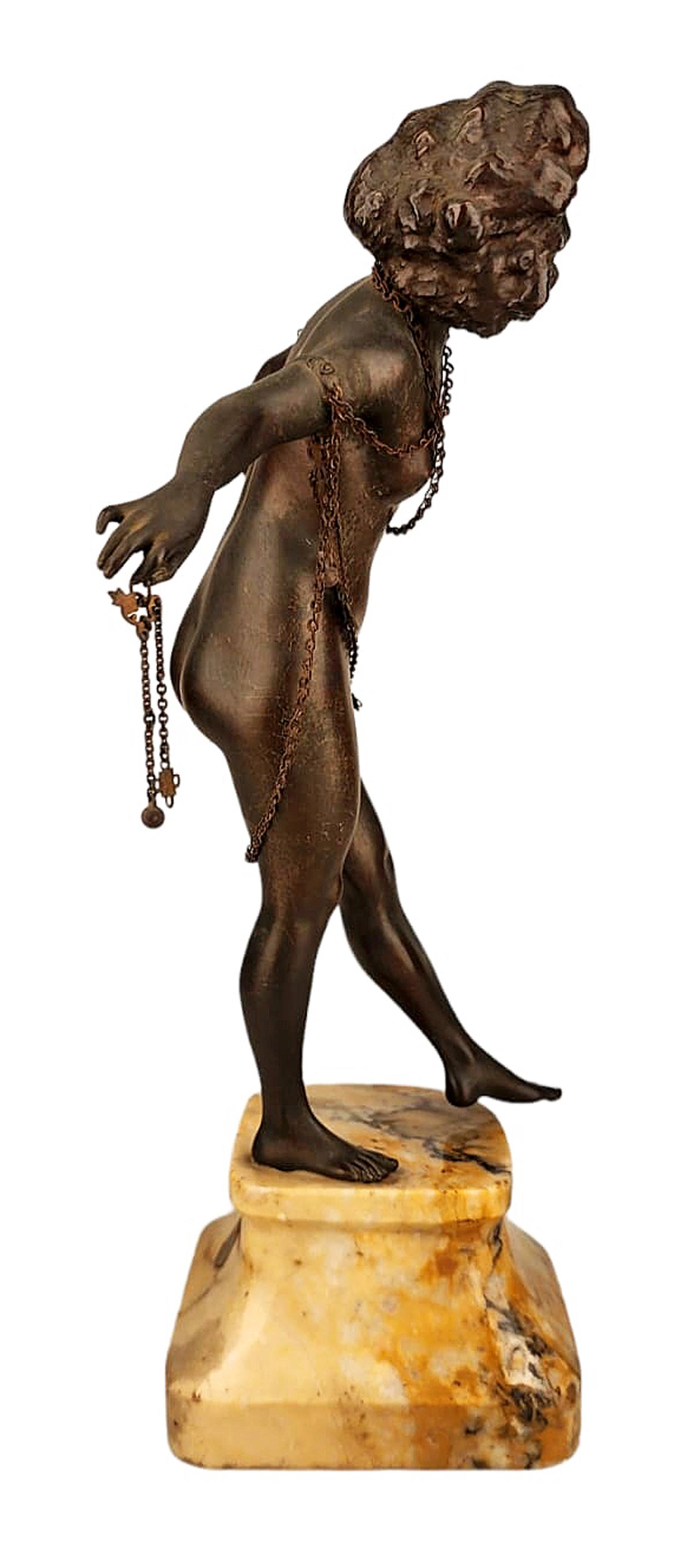 Art Deco Art Déco Chiparus-Like Nude Lady in Chains Bronze Sculpture with Stone Base For Sale