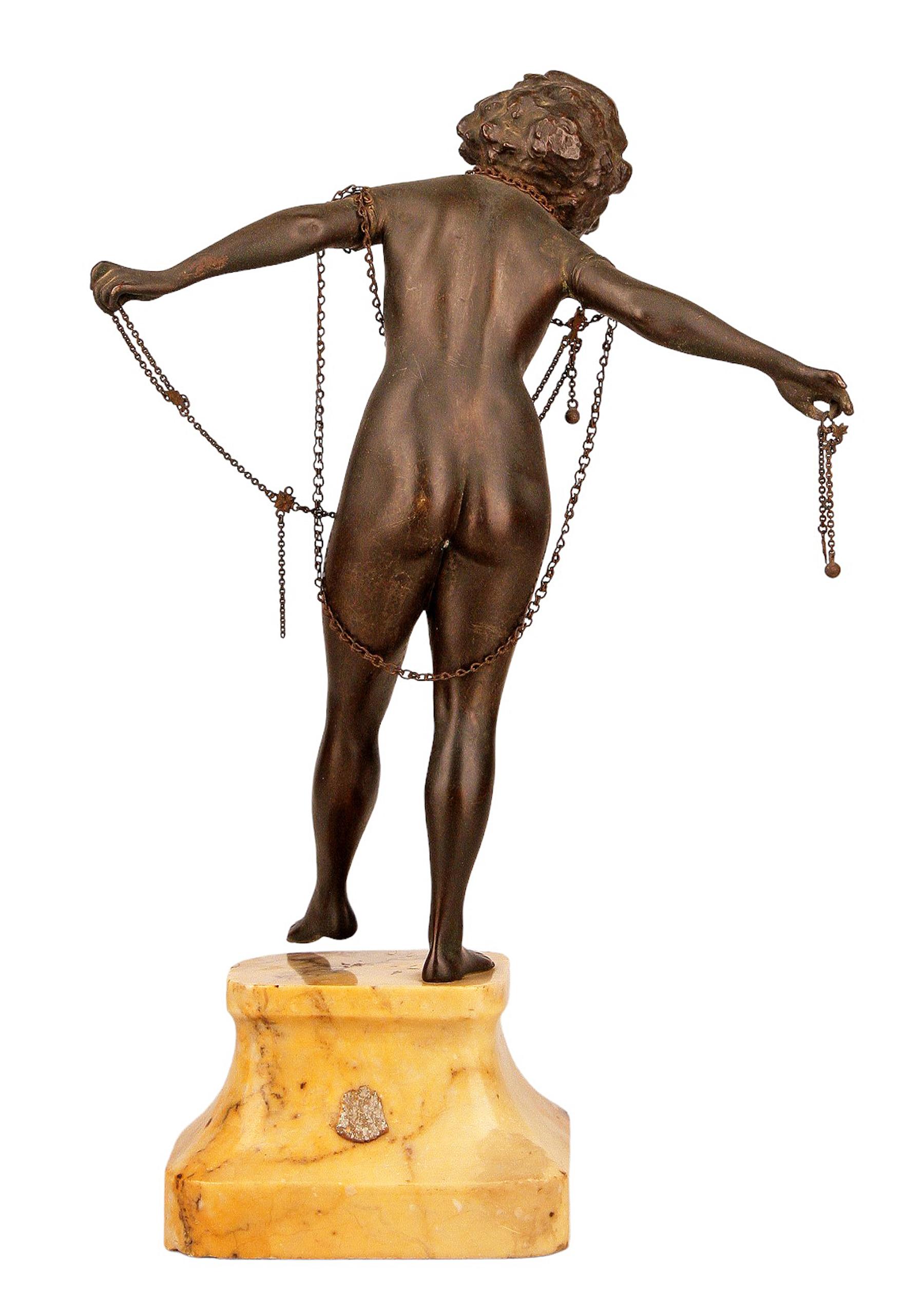 French Art Déco Chiparus-Like Nude Lady in Chains Bronze Sculpture with Stone Base For Sale