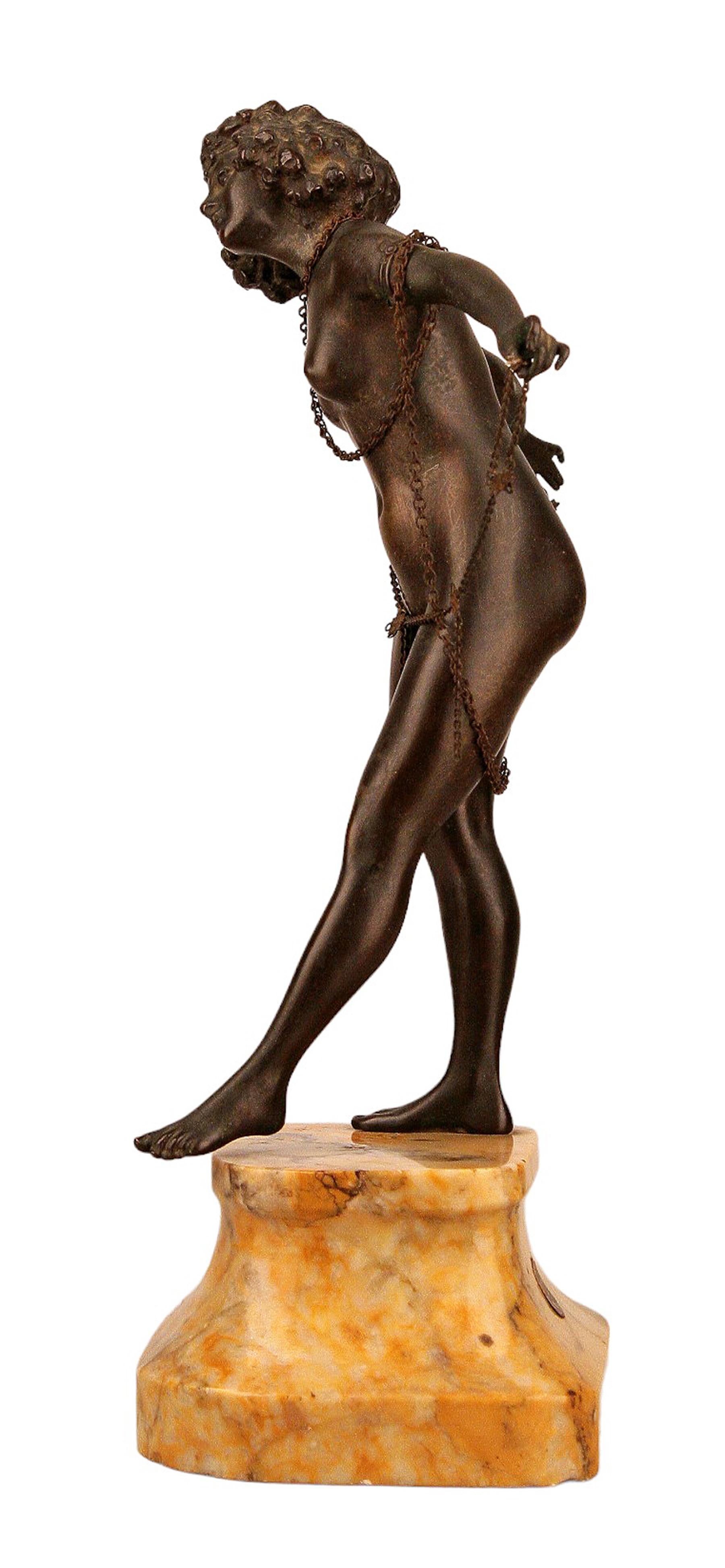 Cast Art Déco Chiparus-Like Nude Lady in Chains Bronze Sculpture with Stone Base For Sale