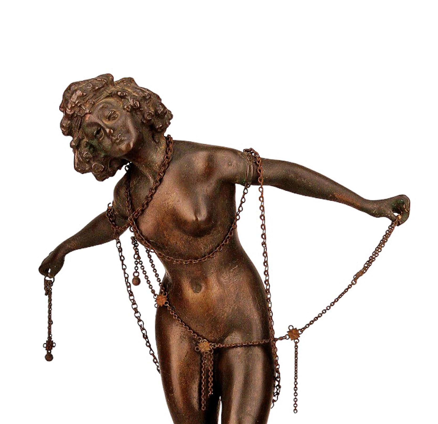 Art Déco Chiparus-Like Nude Lady in Chains Bronze Sculpture with Stone Base In Good Condition For Sale In North Miami, FL