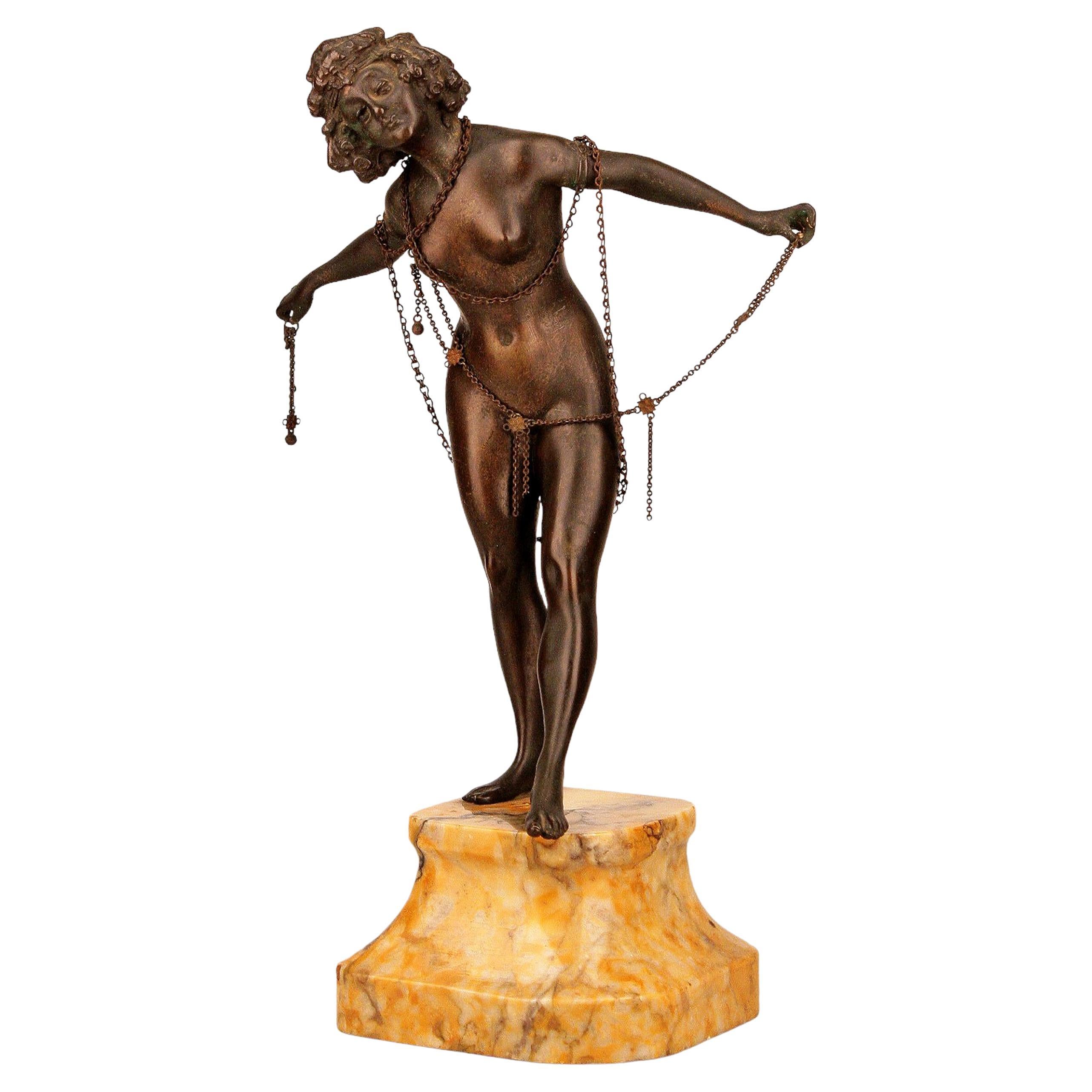 Art Déco Chiparus-Like Nude Lady in Chains Bronze Sculpture with Stone Base For Sale