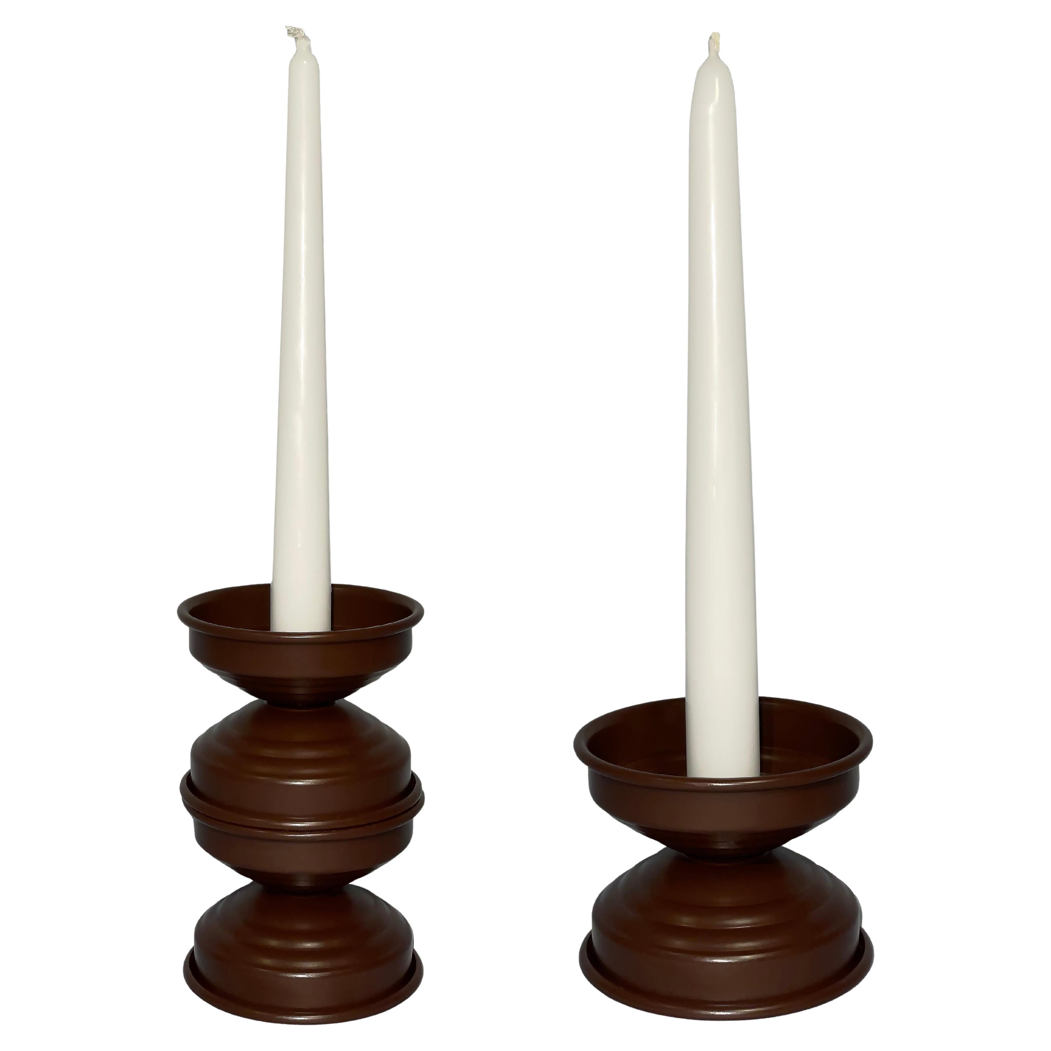 Pre-owned Caspal Art Deco Chocolate Brown Metal Candle Holders, Italian Minimal Design, In Stock