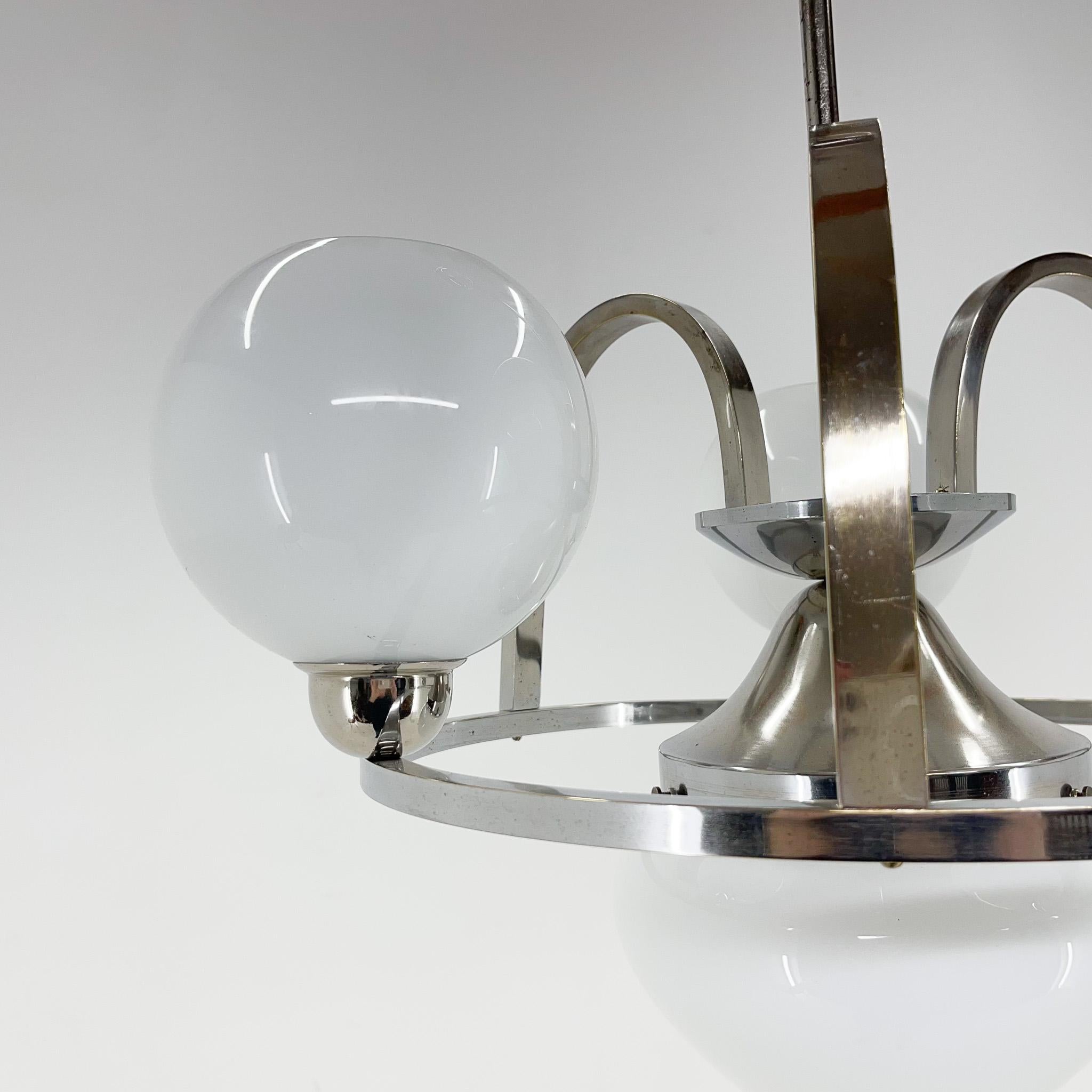 Art Deco Chrom & Milk Glass Chandelier, Restored, 1930's For Sale 4