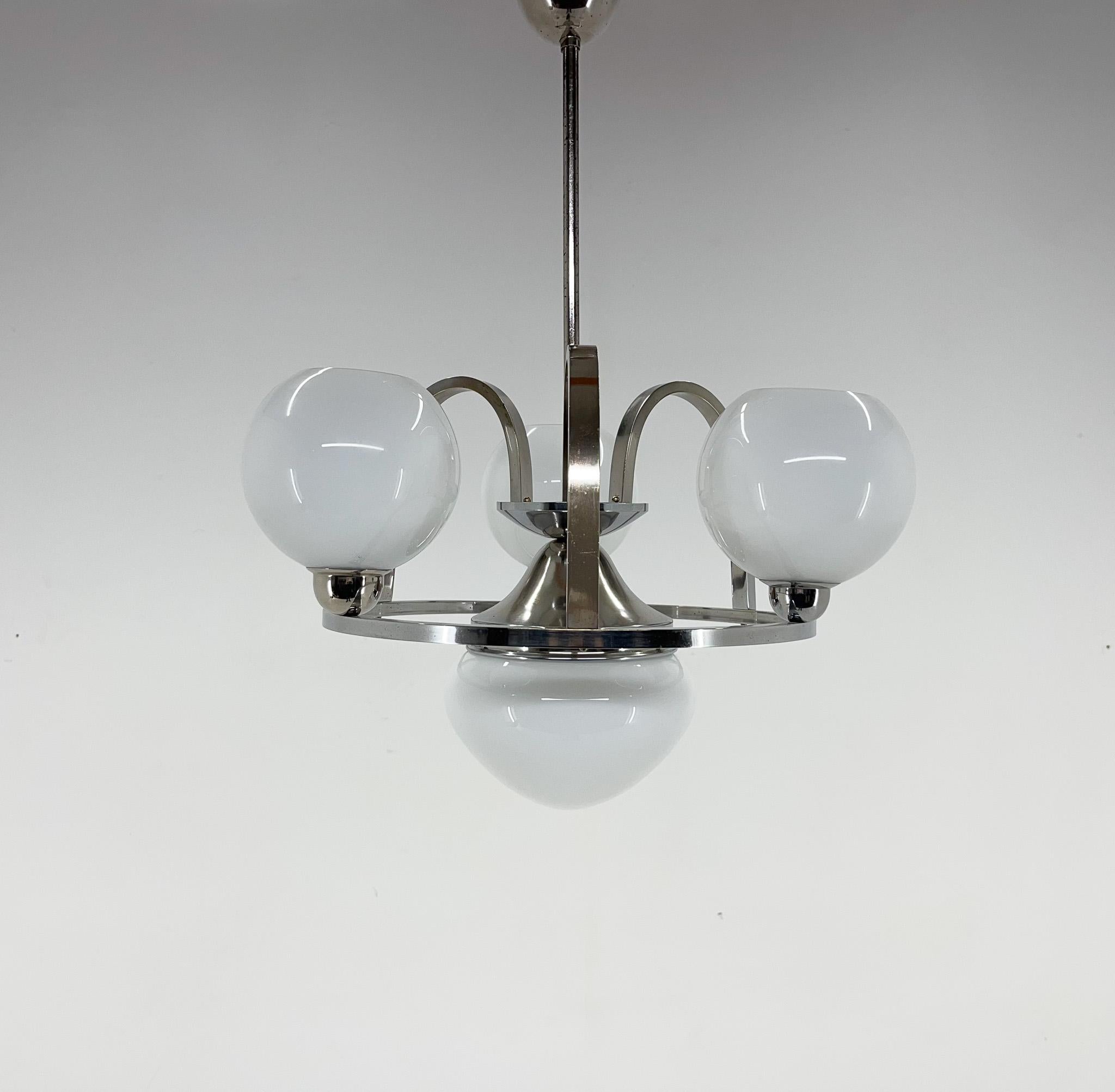Beautiful art deco chrome chandelier made in the 1930's. Fully restored.