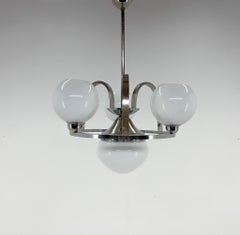 Art Deco Chrom & Milk Glass Chandelier, Restored, 1930's