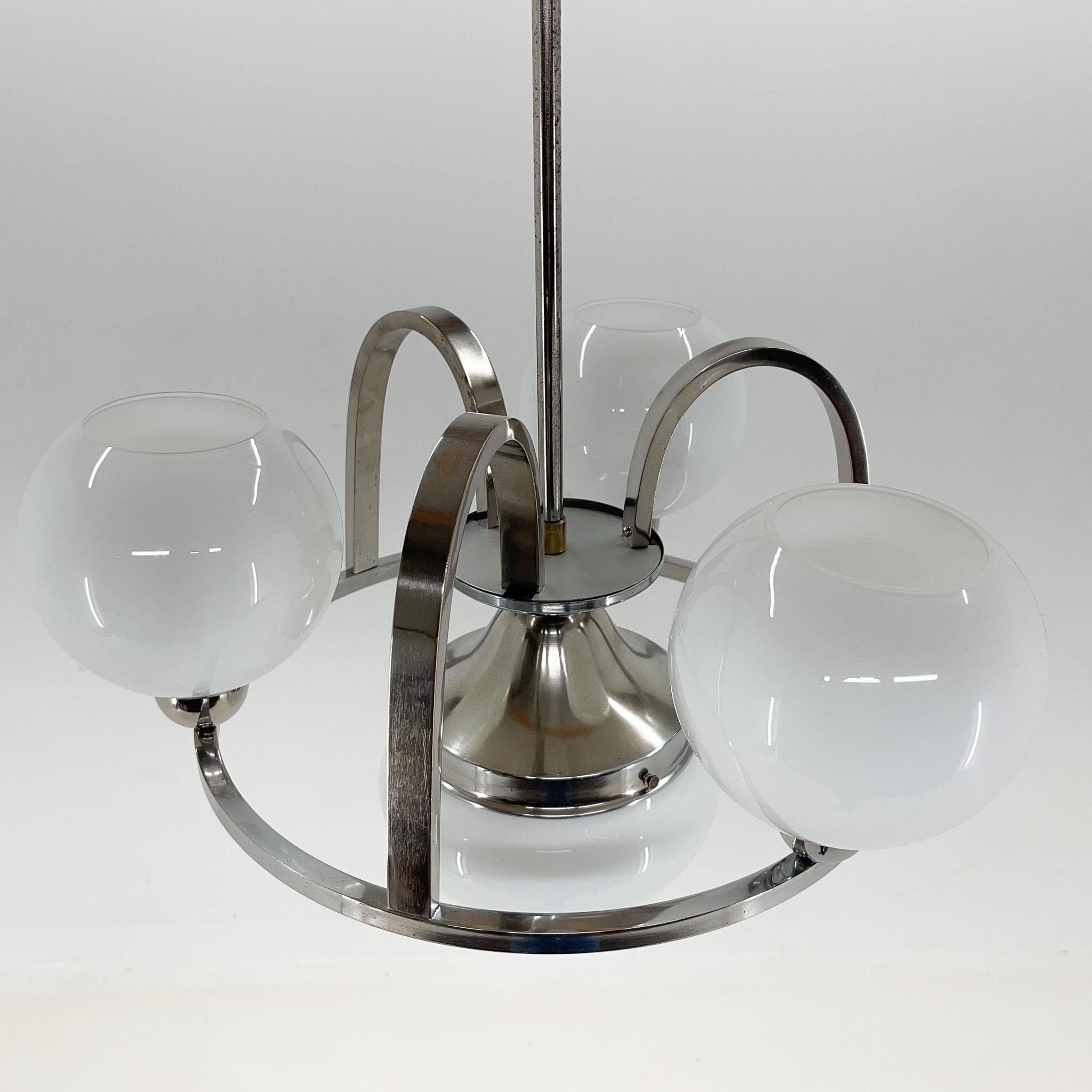 20th Century Art Deco Chrom & Milk Glass Chandelier, Restored, 1930's For Sale