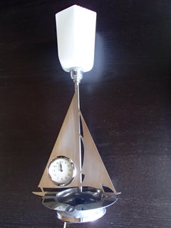 Art Deco Chrom Sailing Boat Table Lamp with Clock and Ashtree