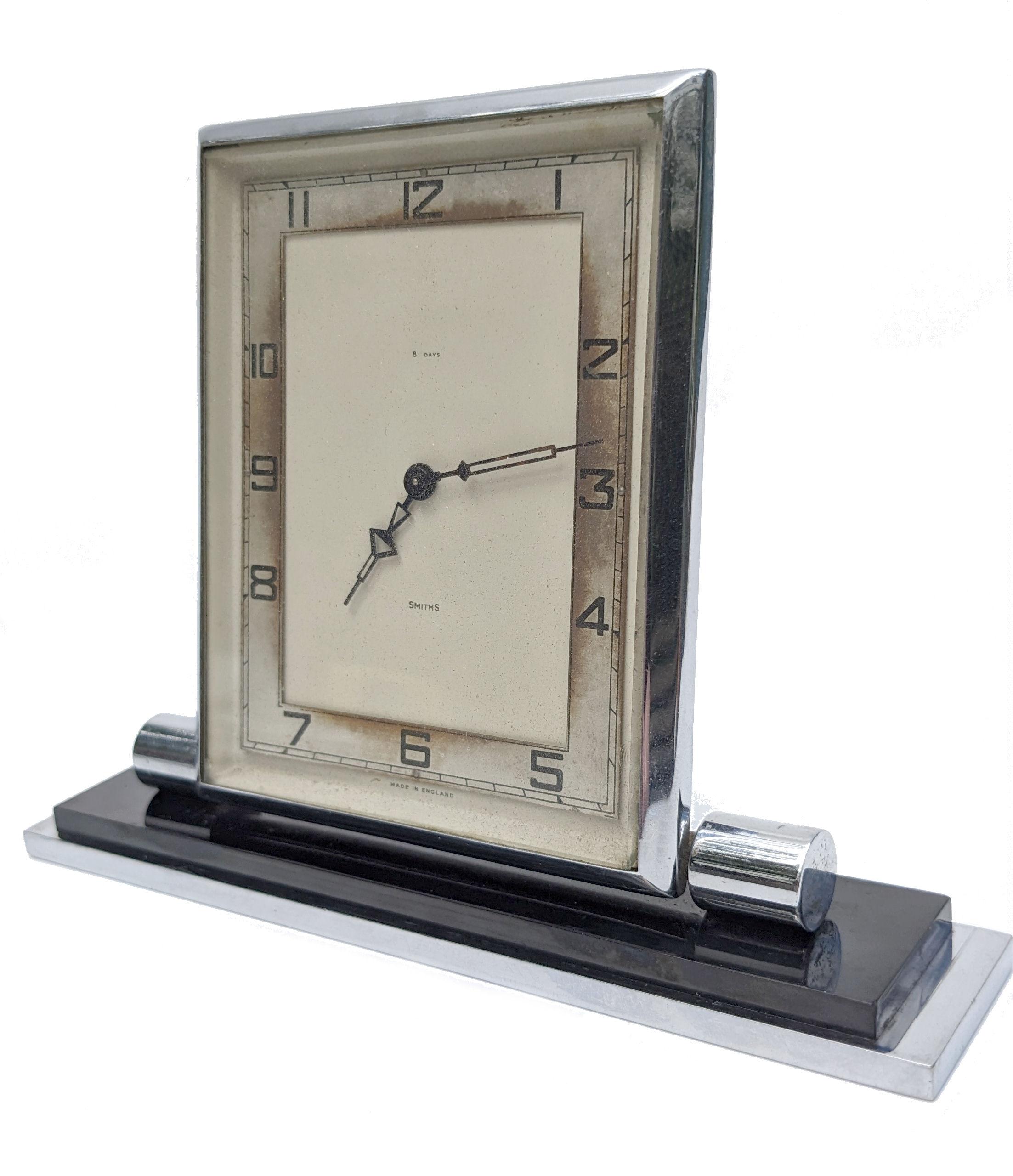 Art Deco Chrome 8 Day Clock , By 'Smiths' , England, c1930 For Sale 1