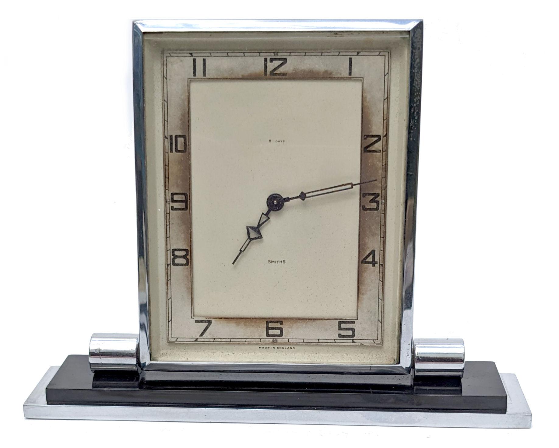 Glass Art Deco Chrome 8 Day Clock , By 'Smiths' , England, c1930