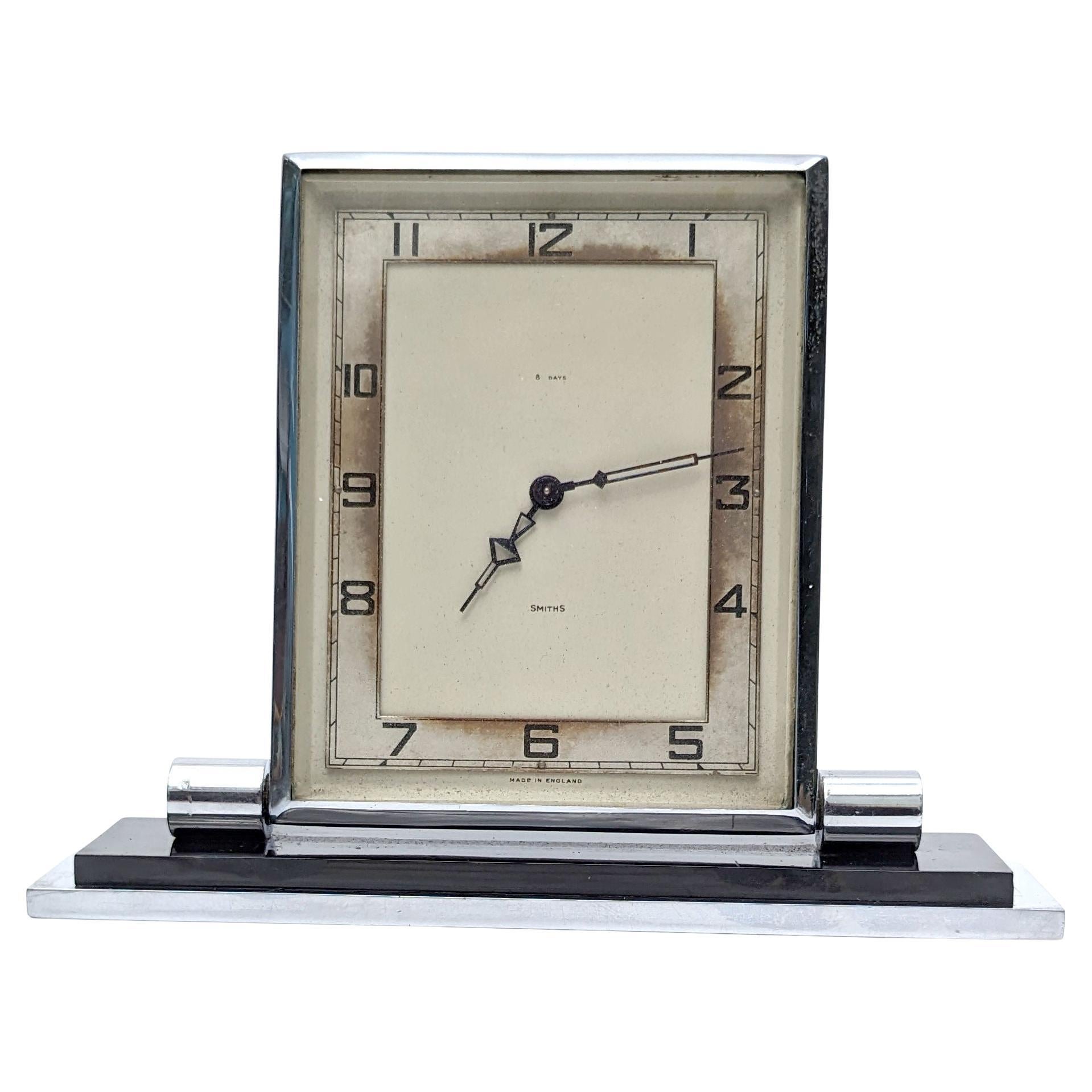 Art Deco Chrome 8 Day Clock , By 'Smiths' , England, c1930 For Sale