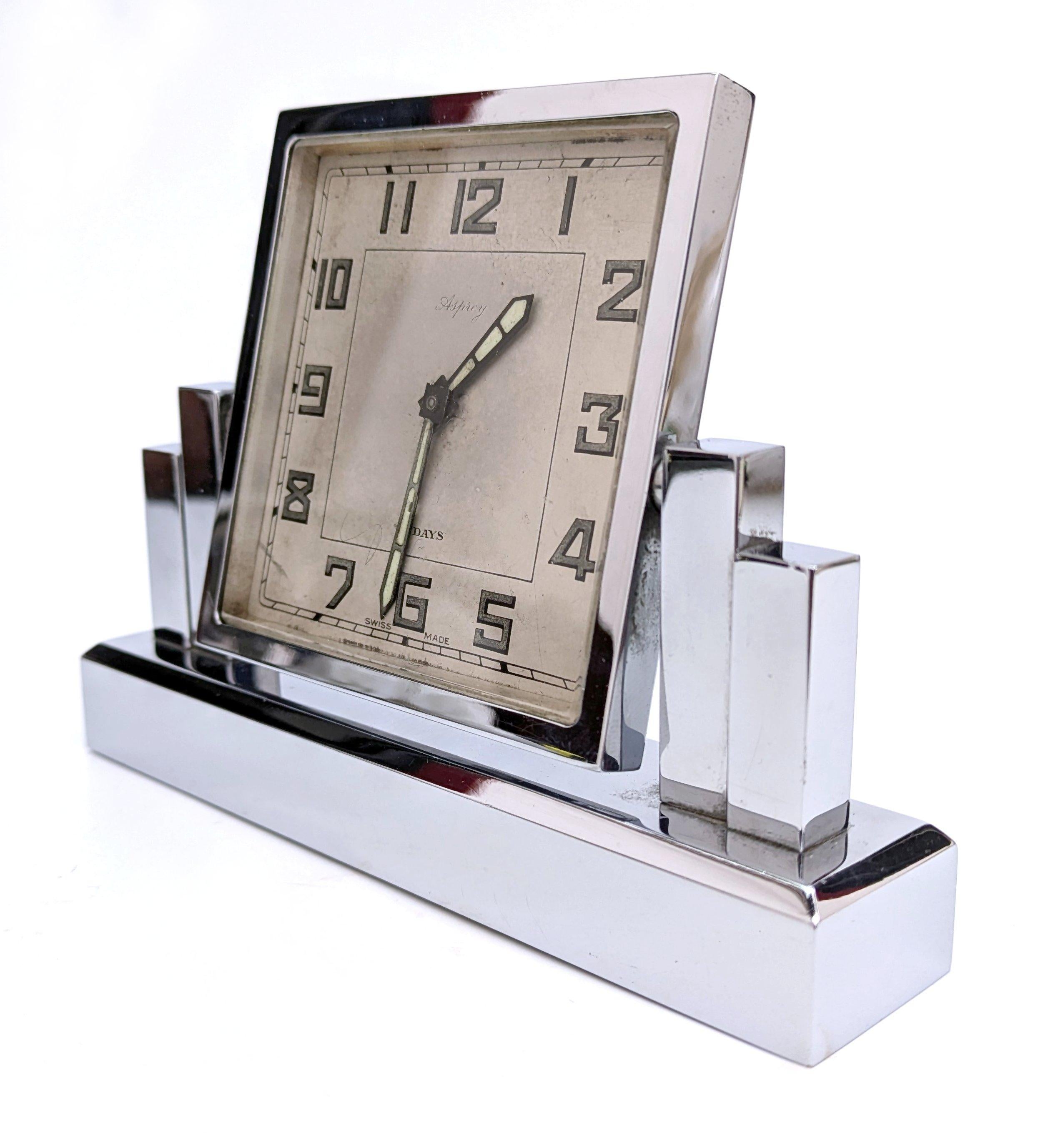 English Art Deco Chrome 8 Day Skyscraper Desk Clock By Asprey, England, c1930 For Sale