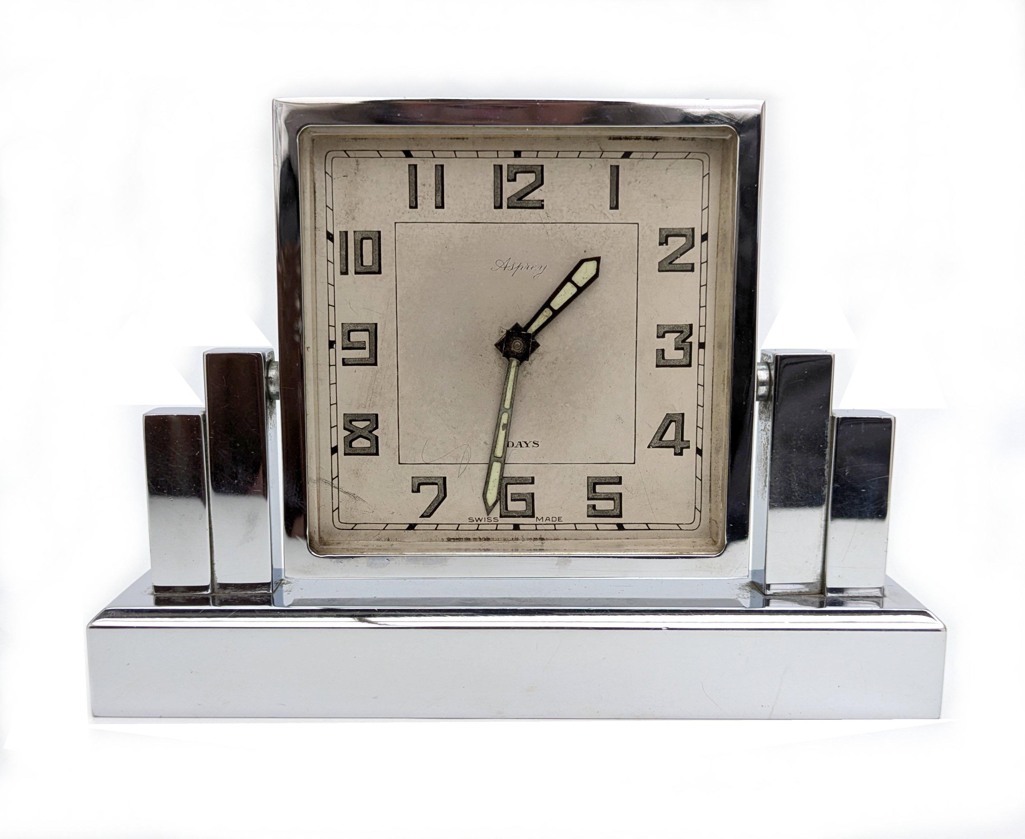20th Century Art Deco Chrome 8 Day Skyscraper Desk Clock By Asprey, England, c1930 For Sale