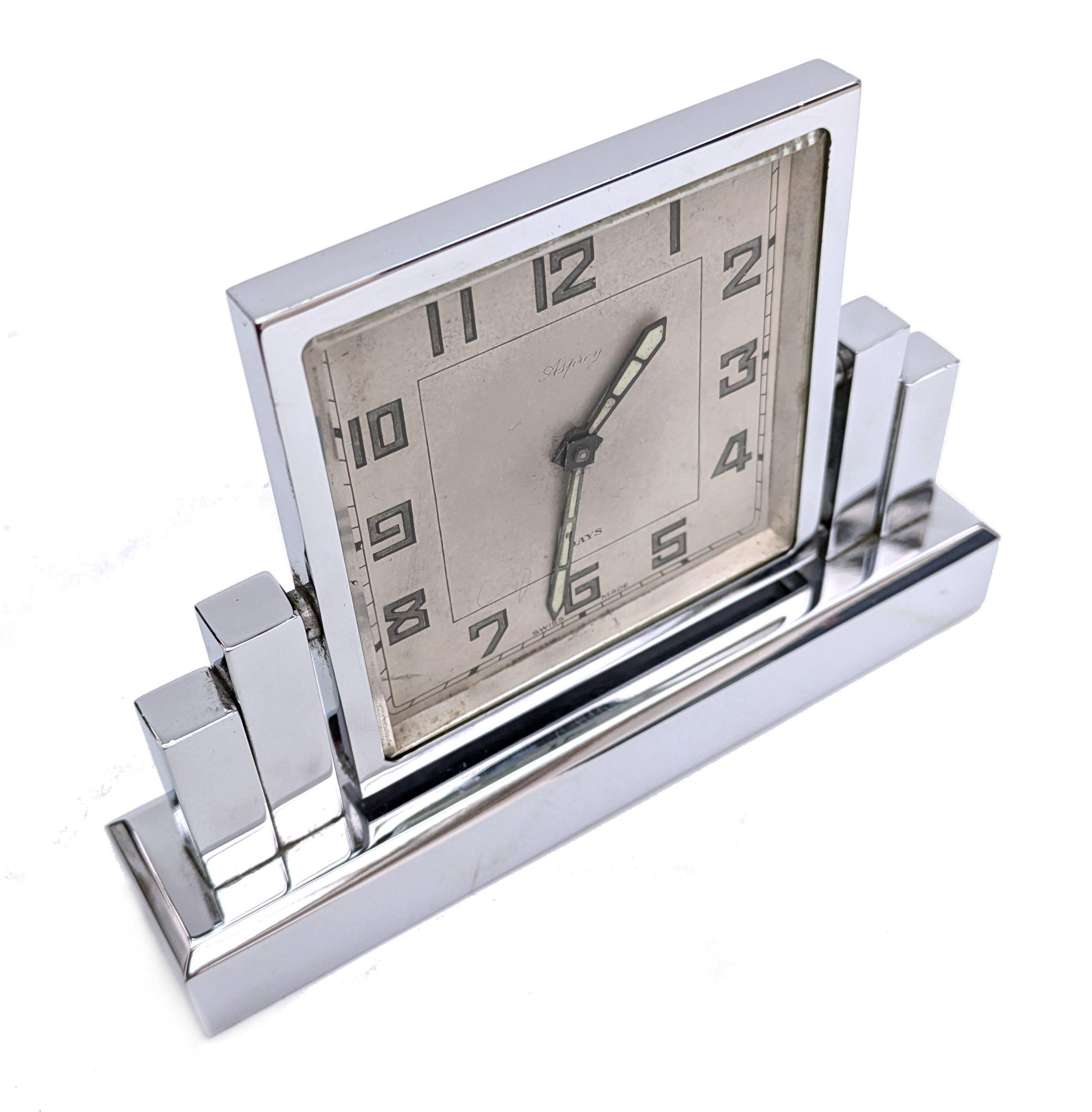 Brass Art Deco Chrome 8 Day Skyscraper Desk Clock By Asprey, England, c1930 For Sale