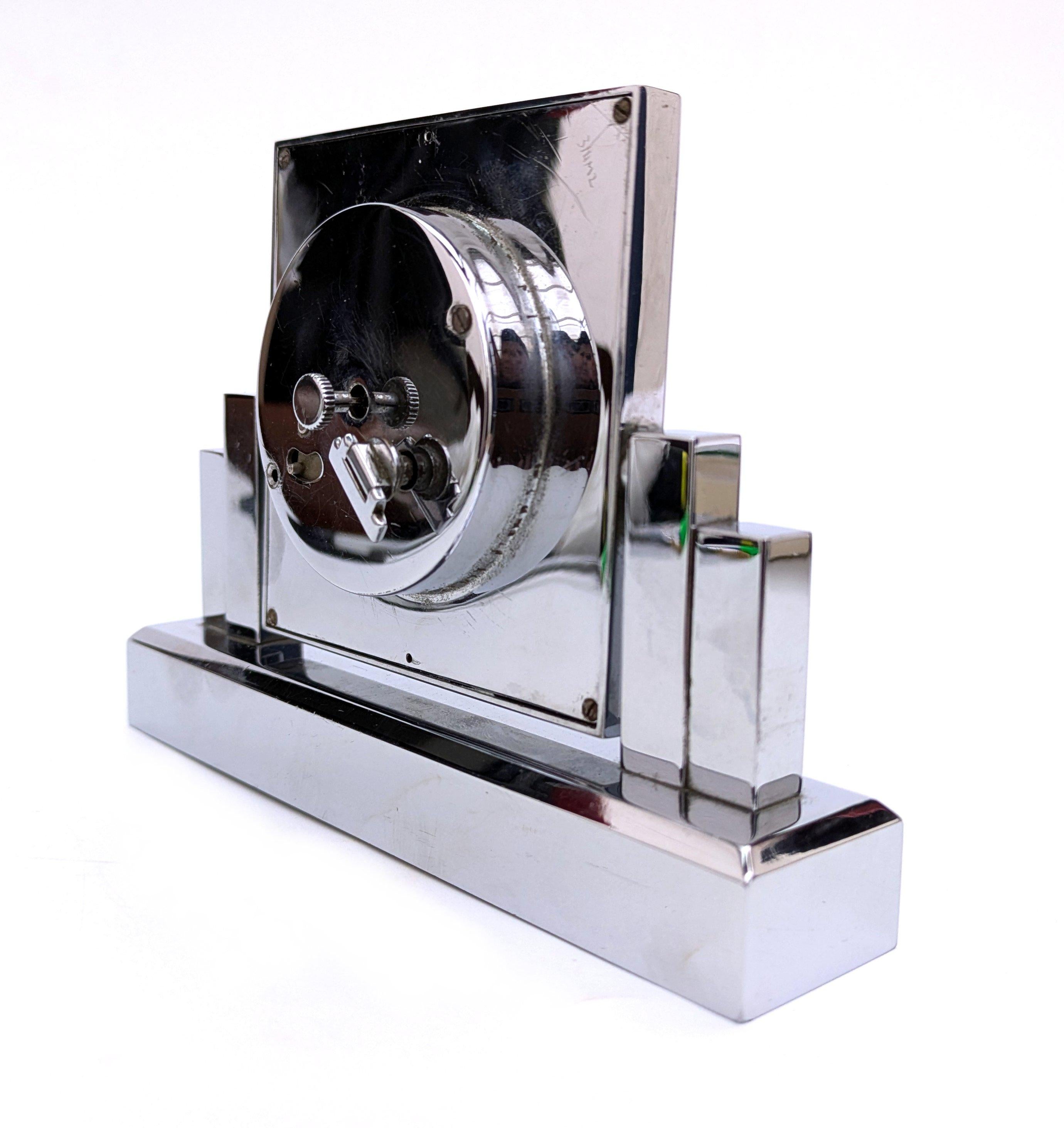 Art Deco Chrome 8 Day Skyscraper Desk Clock By Asprey, England, c1930 For Sale 2
