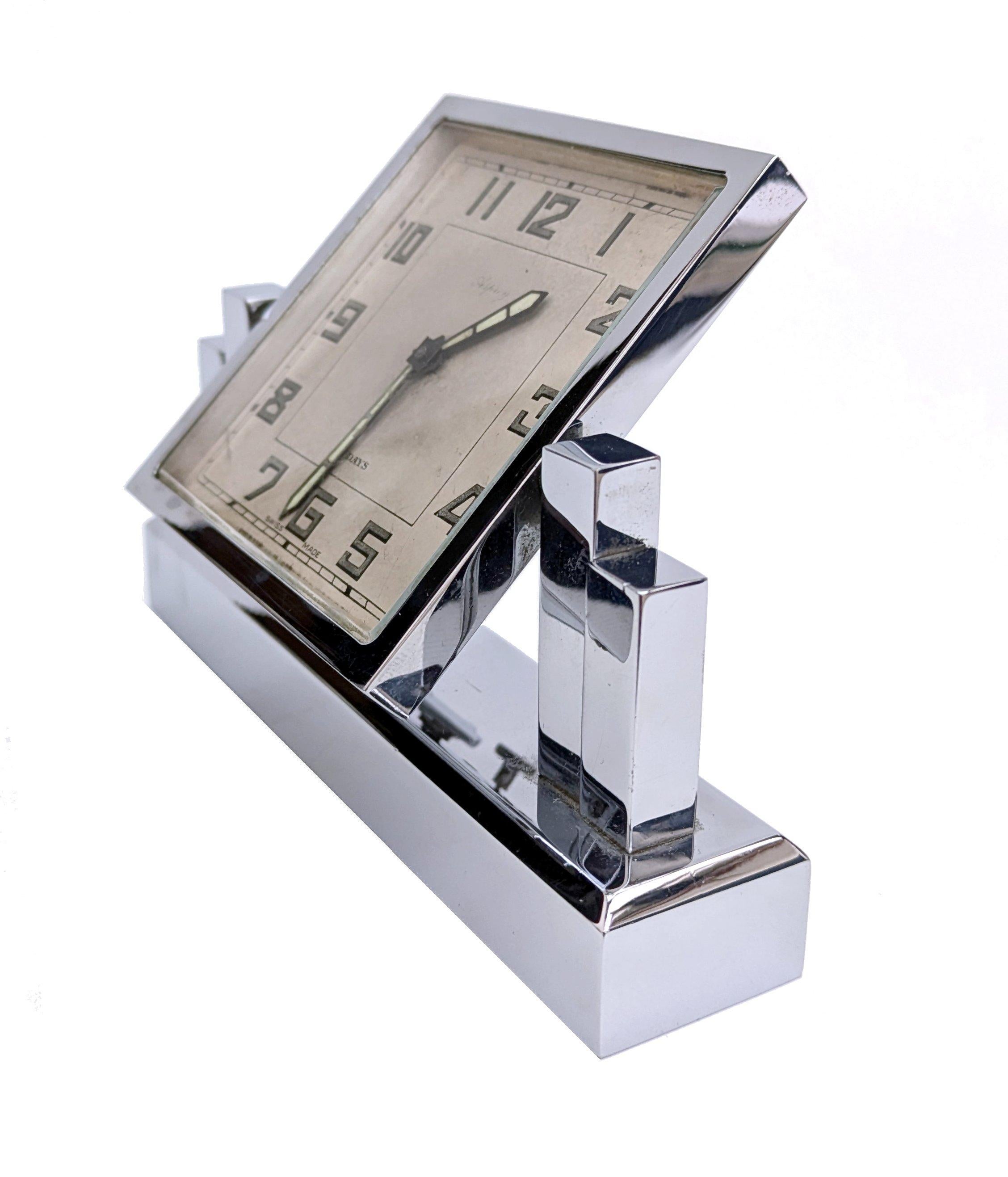 Art Deco Chrome 8 Day Skyscraper Desk Clock By Asprey, England, c1930 For Sale 3