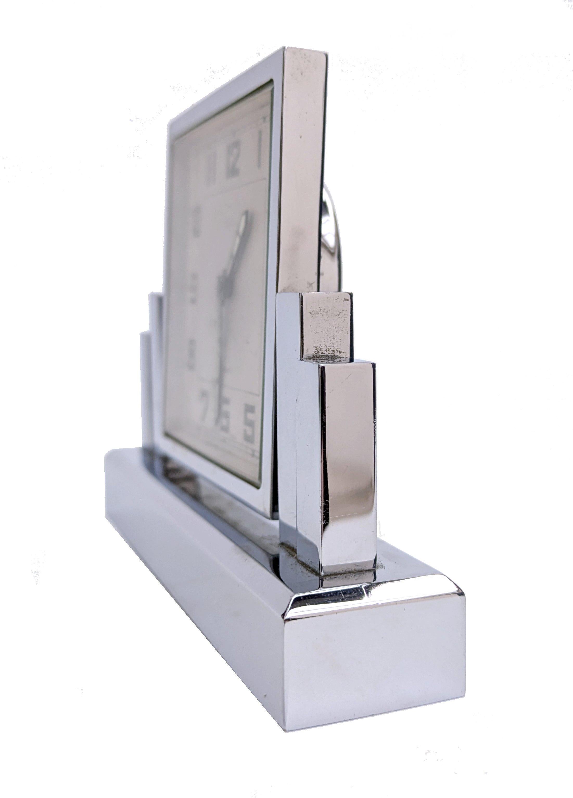 Art Deco Chrome 8 Day Skyscraper Desk Clock By Asprey, England, c1930 For Sale 4