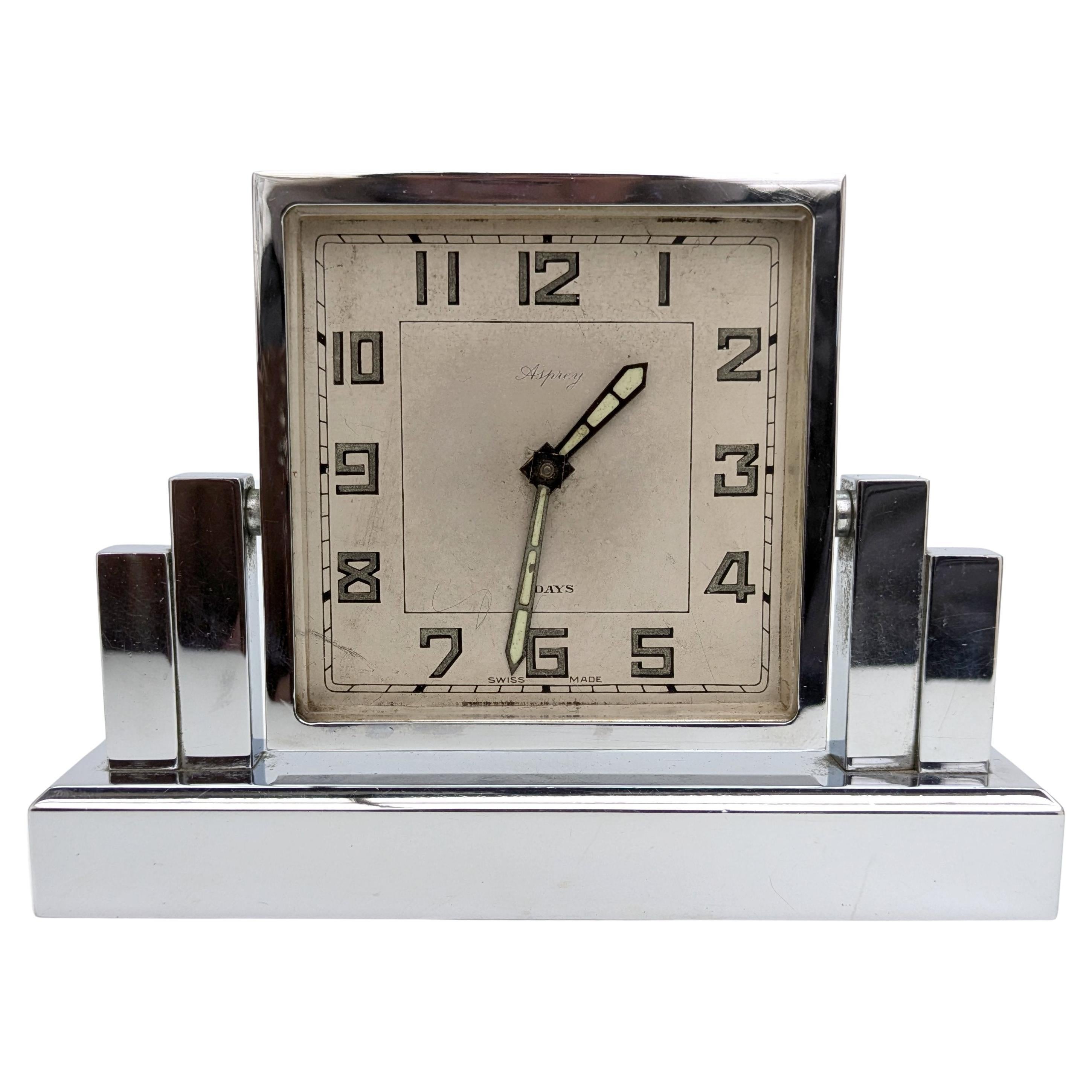 Art Deco Chrome 8 Day Skyscraper Desk Clock By Asprey, England, c1930