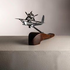 Art Deco Chrome Airplane Sculpture on Wooden Base, 1940s