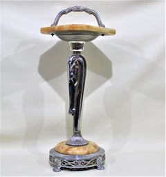 Art Deco Chrome & Alabaster Swivel Top Smokers Table with Stylized Figural Horse