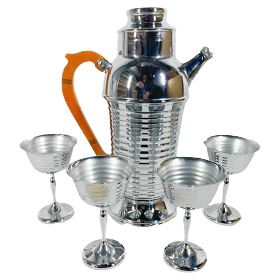 Art Deco Chrome and Bakelite Cocktail Shaker Set with Ribbed Design